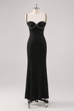 Vestido formal simples de alças de espaguete preto