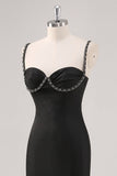 Vestido formal simples de alças de espaguete preto