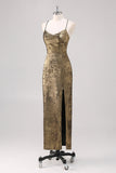 Preto Dourado Esparguete Alças Bainha Vestido Formal com Fenda