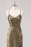 Preto Dourado Esparguete Alças Bainha Vestido Formal com Fenda