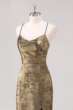 Preto Dourado Esparguete Alças Bainha Vestido Formal com Fenda