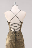 Preto Dourado Esparguete Alças Bainha Vestido Formal com Fenda