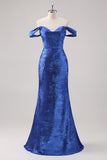 Royal Blue Satin Off The Shoulder Long Formal Dress com mangas destacáveis
