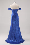 Royal Blue Satin Off The Shoulder Long Formal Dress com mangas destacáveis