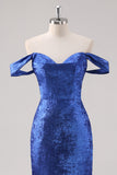 Royal Blue Satin Off The Shoulder Long Formal Dress com mangas destacáveis
