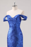 Royal Blue Satin Off The Shoulder Long Formal Dress com mangas destacáveis