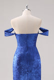 Royal Blue Satin Off The Shoulder Long Formal Dress com mangas destacáveis