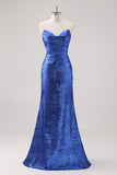 Royal Blue Satin Off The Shoulder Long Formal Dress com mangas destacáveis