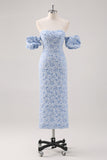 Vestido formal azul floral comprimento do chá com mangas puff