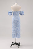 Vestido formal azul floral comprimento do chá com mangas puff