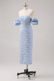 Vestido formal azul floral comprimento do chá com mangas puff