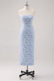 Vestido formal azul floral comprimento do chá com mangas puff