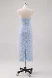 Vestido formal azul floral comprimento do chá com mangas puff