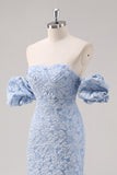 Vestido formal azul floral comprimento do chá com mangas puff