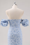 Vestido formal azul floral comprimento do chá com mangas puff