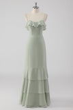 Dusty Sage Sheath babado espaguete alças vestido de dama de honra
