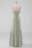 Dusty Sage Sheath babado espaguete alças vestido de dama de honra
