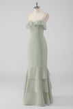 Dusty Sage Sheath babado espaguete alças vestido de dama de honra