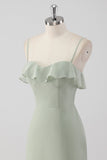 Dusty Sage Sheath babado espaguete alças vestido de dama de honra