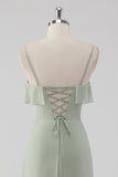 Dusty Sage Sheath babado espaguete alças vestido de dama de honra