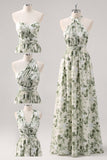 Vestido Comprido Verde de Linha-A com Decote em V e Estampado Floral para Damas de Honor