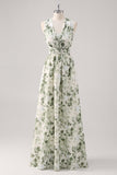 Vestido Comprido Verde de Linha-A com Decote em V e Estampado Floral para Damas de Honor
