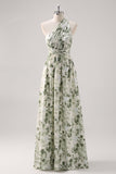 Vestido de Dama de Honor Verde Floral Linha-A Dropado Convertível