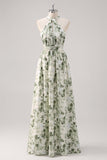 Vestido de Dama de Honor Verde Floral Linha-A Dropado Convertível
