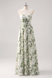 Vestido de Dama de Honor Comprido Sem Alcas com estampado Floral Verde em Linha-A