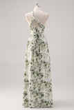 Vestido de Dama de Honor Verde Floral Linha-A Dropado Convertível