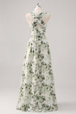 Vestido de Dama de Honor Verde Floral Linha-A Dropado Convertível