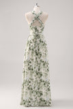Vestido Comprido Verde Floral com Decote Halter e Linha-A para Damas de Honor