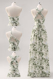 Vestido Comprido Verde Floral de Um ombro para Dama de Honor