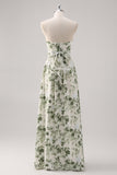 Vestido de Dama de Honor Comprido Sem Alcas com estampado Floral Verde em Linha-A