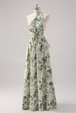 Vestido de Dama de Honor Verde Floral Linha-A Dropado Convertível