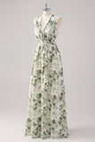 Vestido Comprido Verde de Linha-A com Decote em V e Estampado Floral para Damas de Honor