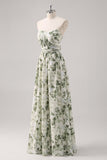 Vestido de Dama de Honor Comprido Sem Alcas com estampado Floral Verde em Linha-A
