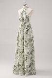Vestido Comprido Verde Floral com Decote Halter e Linha-A para Damas de Honor