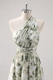 Vestido Comprido Verde Floral de Um ombro para Dama de Honor