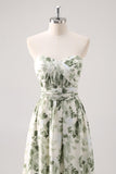Vestido de Dama de Honor Comprido Sem Alcas com estampado Floral Verde em Linha-A