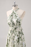 Vestido Comprido Verde Floral com Decote Halter e Linha-A para Damas de Honor