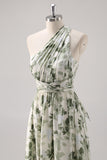 Vestido Comprido Verde Floral de Um ombro para Dama de Honor