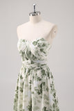 Vestido de Dama de Honor Comprido Sem Alcas com estampado Floral Verde em Linha-A