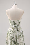Vestido de Dama de Honor Comprido Sem Alcas com estampado Floral Verde em Linha-A