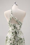 Vestido Comprido Verde Floral de Um ombro para Dama de Honor