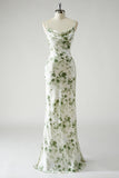 Vestido Comprido Sereia com Alças Finas e Estampado Floral Verde para Damas de Honor