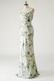 Vestido Comprido Sereia com Alças Finas e Estampado Floral Verde para Damas de Honor