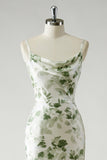 Vestido Comprido Sereia com Alças Finas e Estampado Floral Verde para Damas de Honor