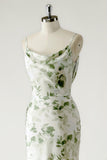Vestido Comprido Sereia com Alças Finas e Estampado Floral Verde para Damas de Honor