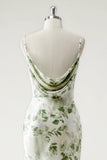 Vestido Comprido Sereia com Alças Finas e Estampado Floral Verde para Damas de Honor